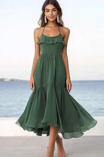 Halter Eucalyptus Chiffon A Line Ruffled Summer Dress